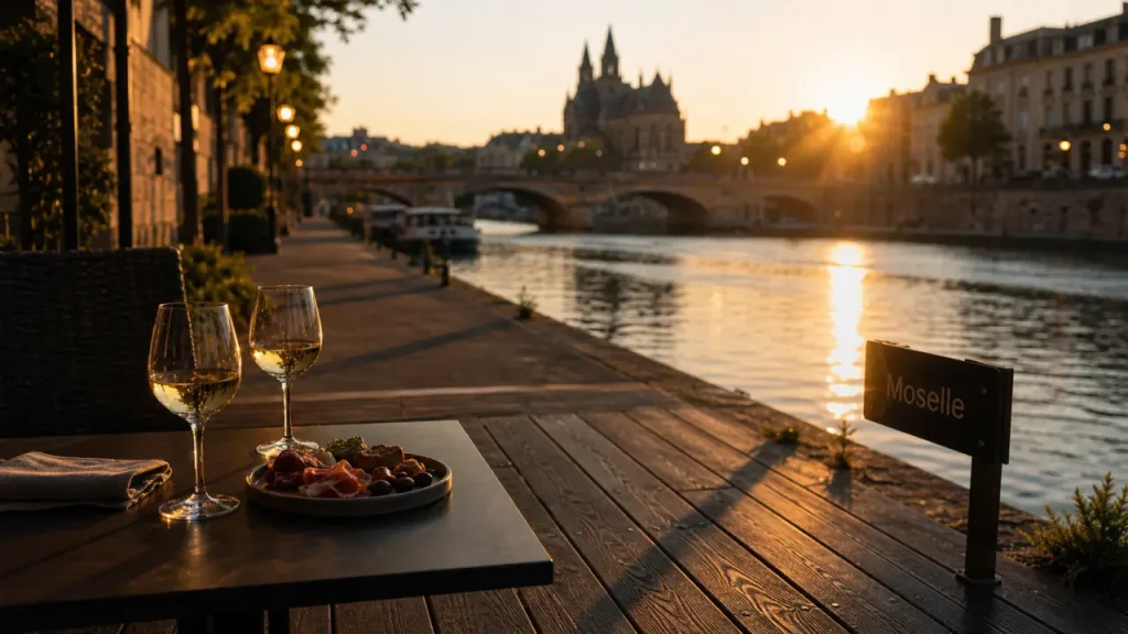 Sortir a Metz : quais de la Moselle au golden hour, verre et grignotage