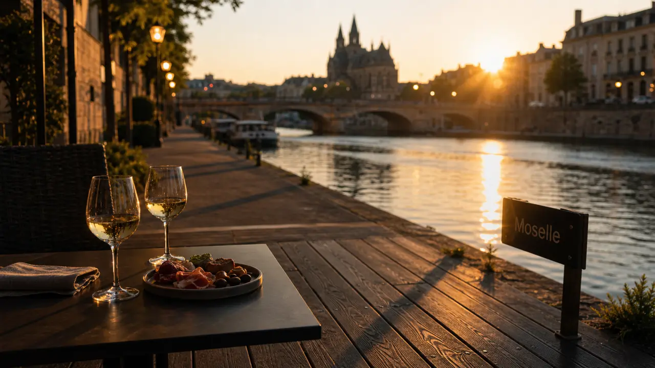Sortir a Metz : quais de la Moselle au golden hour, verre et grignotage