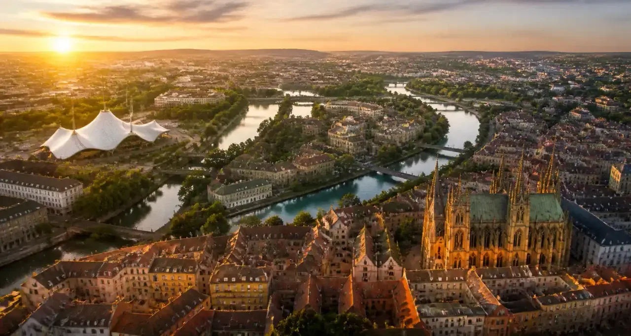 Vue aérienne du centre-ville de Metz et de la Moselle