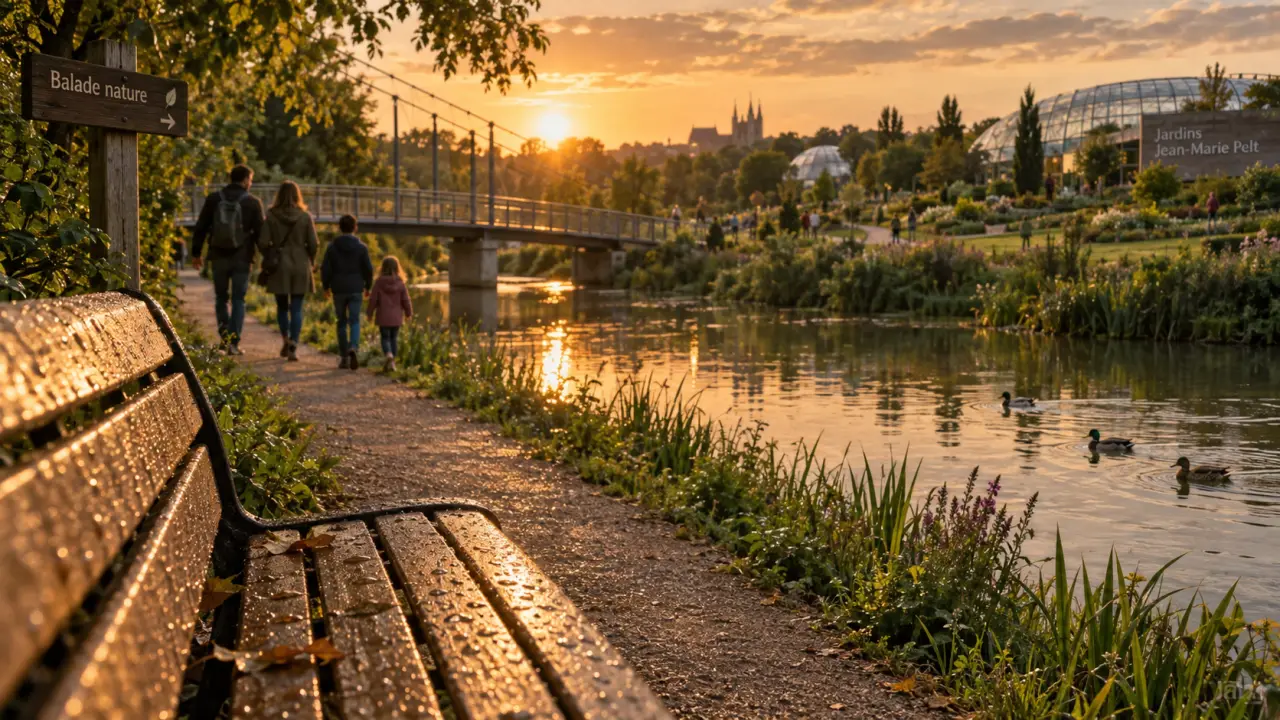 Balade nature Metz au Parc de la Seille, passerelle et berges, golden hour
