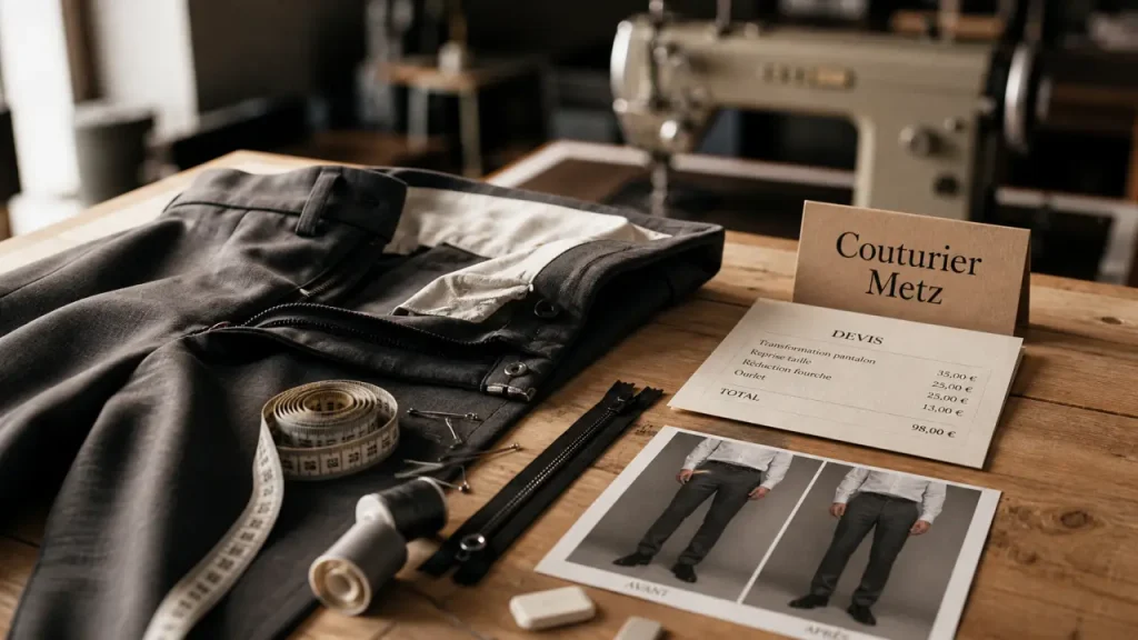 Couturier Metz pour retouche urgente et service à domicile, mètre ruban et pantalon avant/après