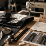 Couturier Metz pour retouche urgente et service à domicile, mètre ruban et pantalon avant/après