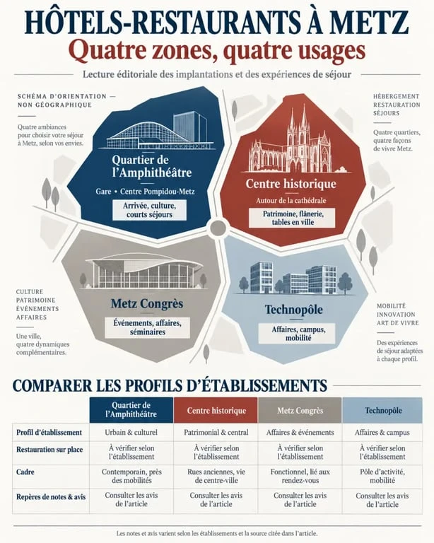 Infographie des hôtels-restaurants à Metz selon les quartiers, la restauration et les avis