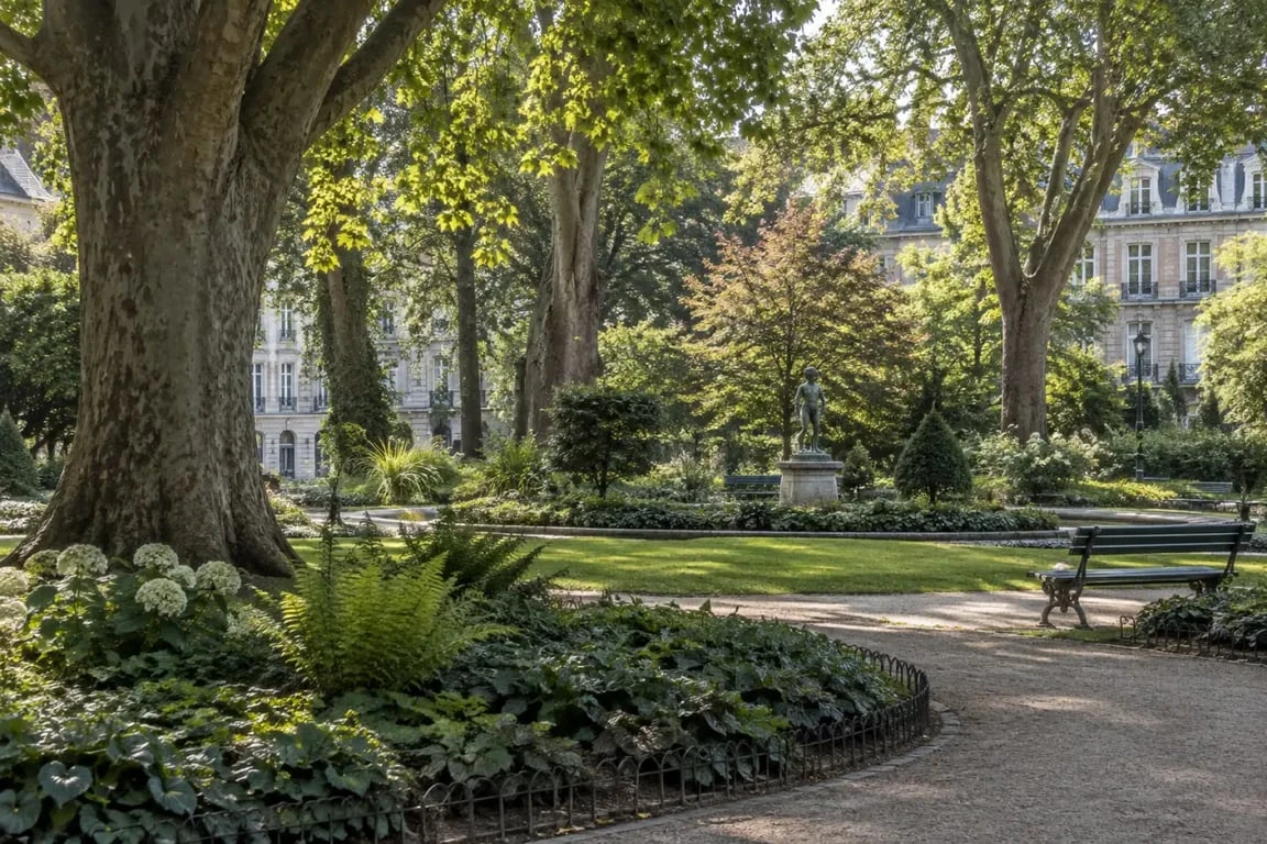 Square Foch de Lille avec ses vieux arbres, ses plantations et la statue du P’tit Quinquin