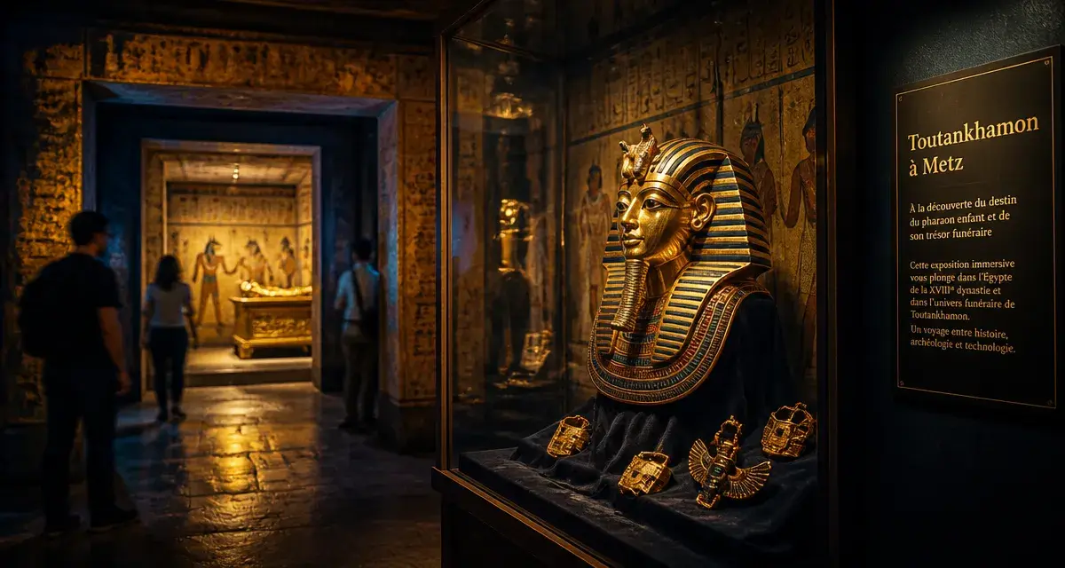 Expo pharaon Metz : vitrines Toutankhamon et chambres funéraires reconstituées