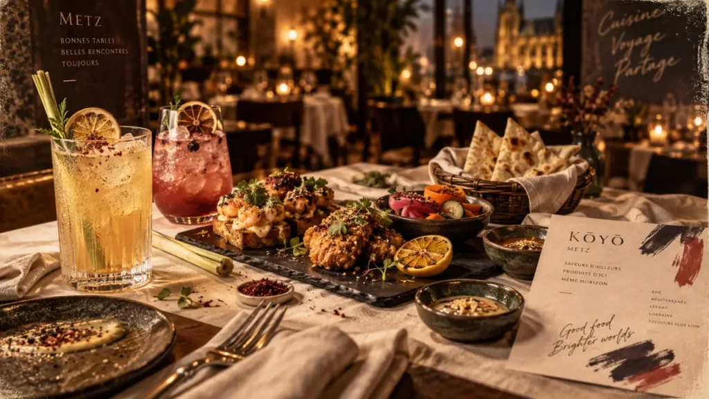 Guarà restaurant metz : planche fusion sur ardoise noire et mocktail
