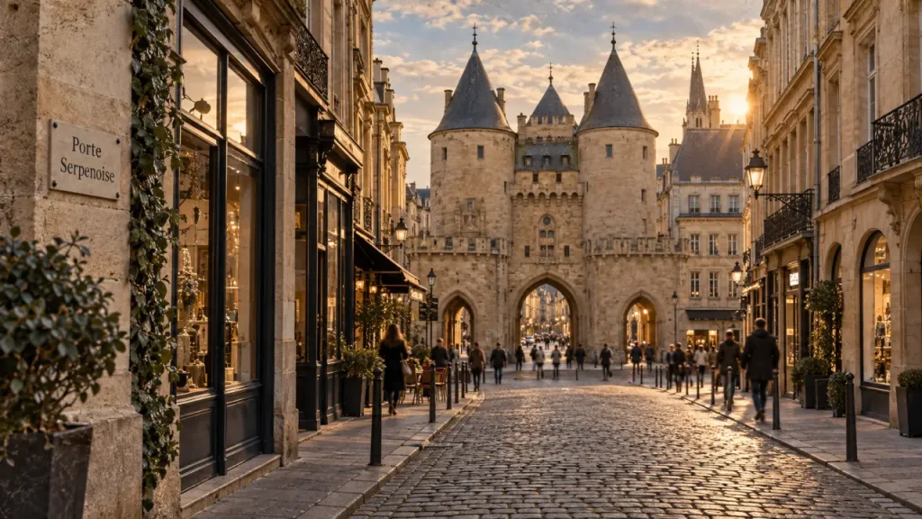 Metz Serpenoise, porte fortifiée sur une rue pavée à Metz