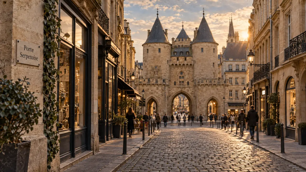 Metz Serpenoise, porte fortifiée sur une rue pavée à Metz