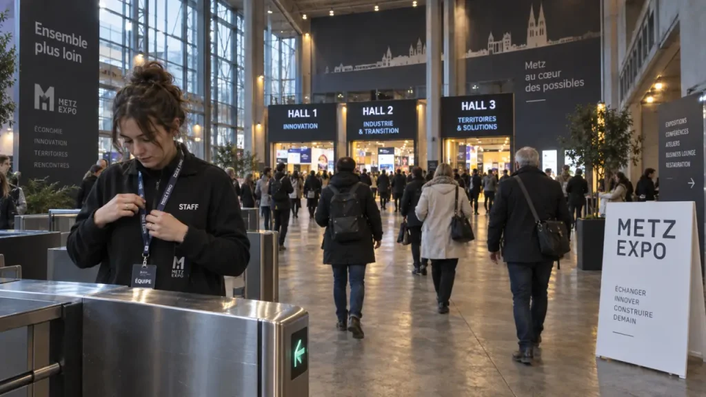 Parc des expositions de Metz : hall d’entrée avec visiteurs et accès