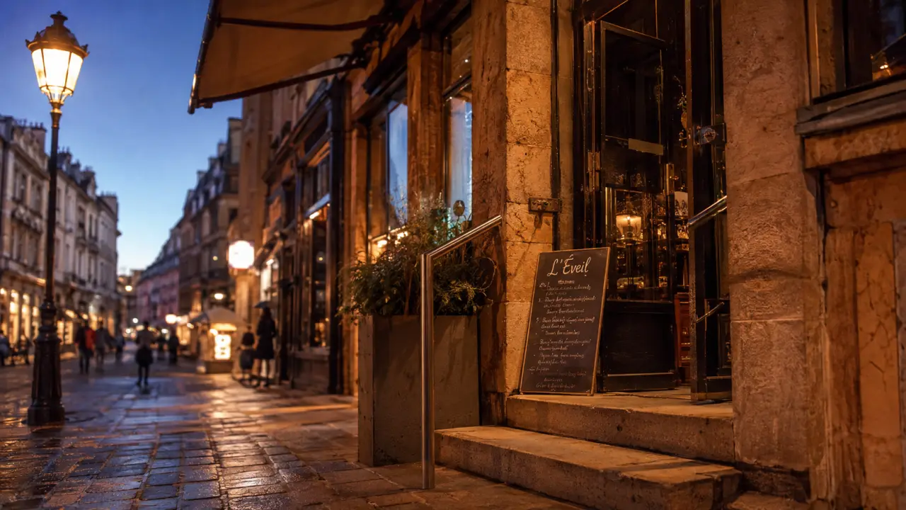 Restaurant l'eveil Metz : façade en pierre, entrée et ardoise du jour