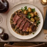 Restaurant le Paris Metz : assiette de cuisine française du marché, côte de bœuf aux morilles
