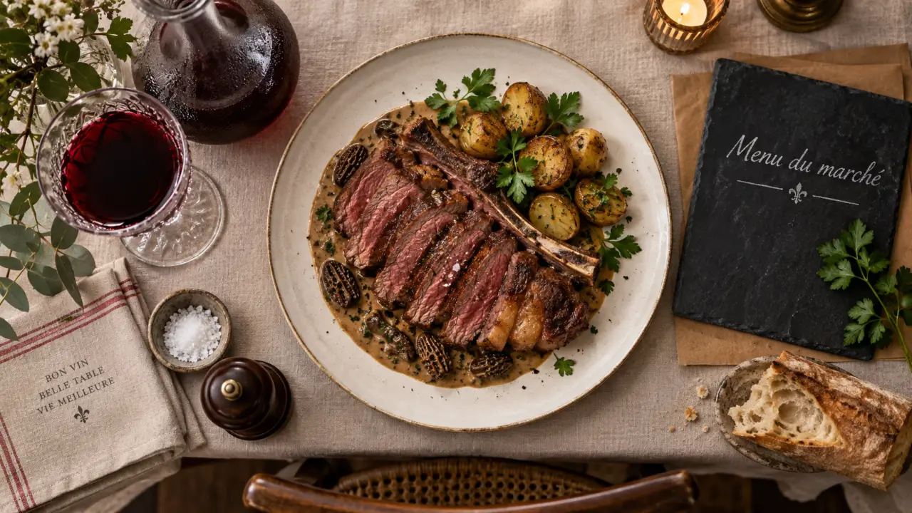 Restaurant le Paris Metz : assiette de cuisine française du marché, côte de bœuf aux morilles
