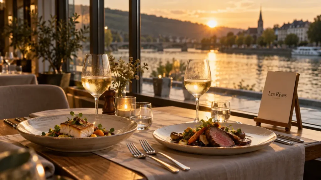 Restaurant les rives longeville les metz : table au bord de la Moselle, vue et reflets dorés