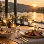 Restaurant les rives longeville les metz : table au bord de la Moselle, vue et reflets dorés