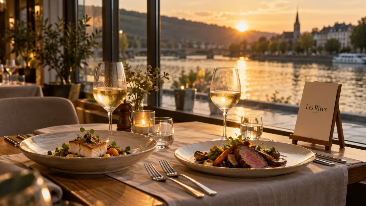 Restaurant les rives longeville les metz : table au bord de la Moselle, vue et reflets dorés