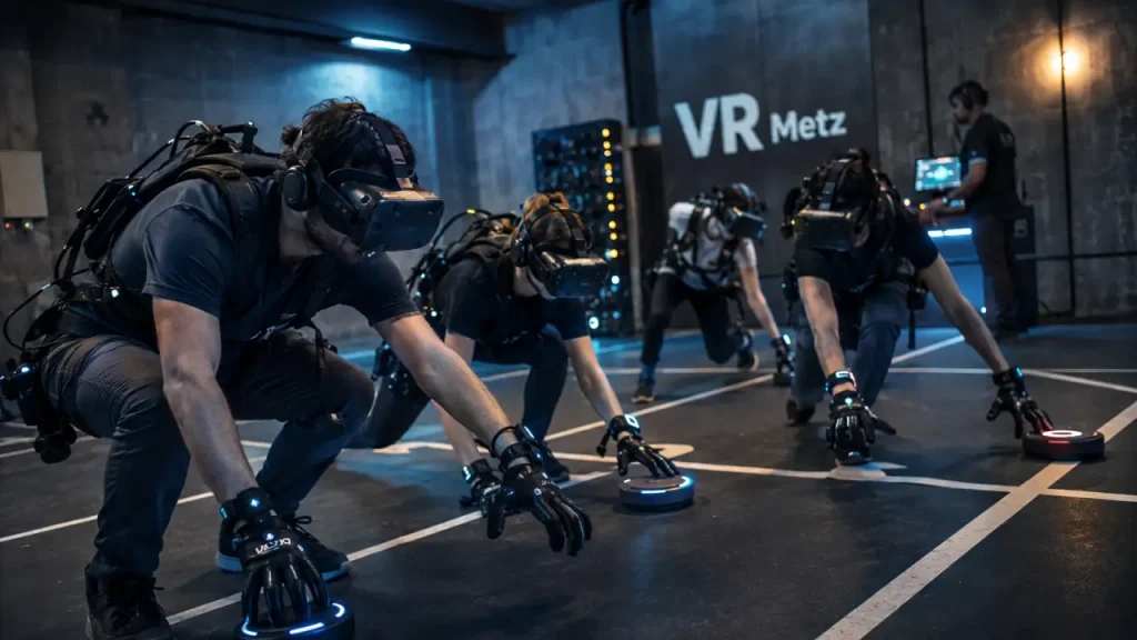 VR Metz : équipe jouant en réalité virtuelle multijoueur en intérieur