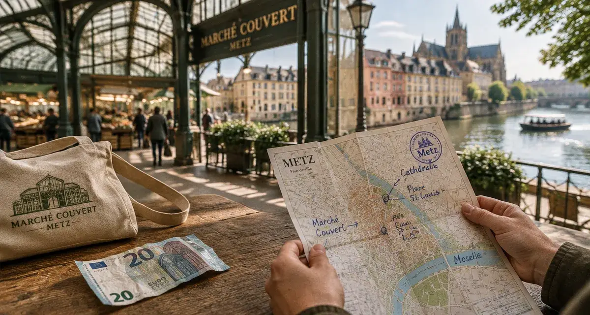 Tourisme a metz : carte annotée au Marché Couvert de Metz, vue vers la Moselle